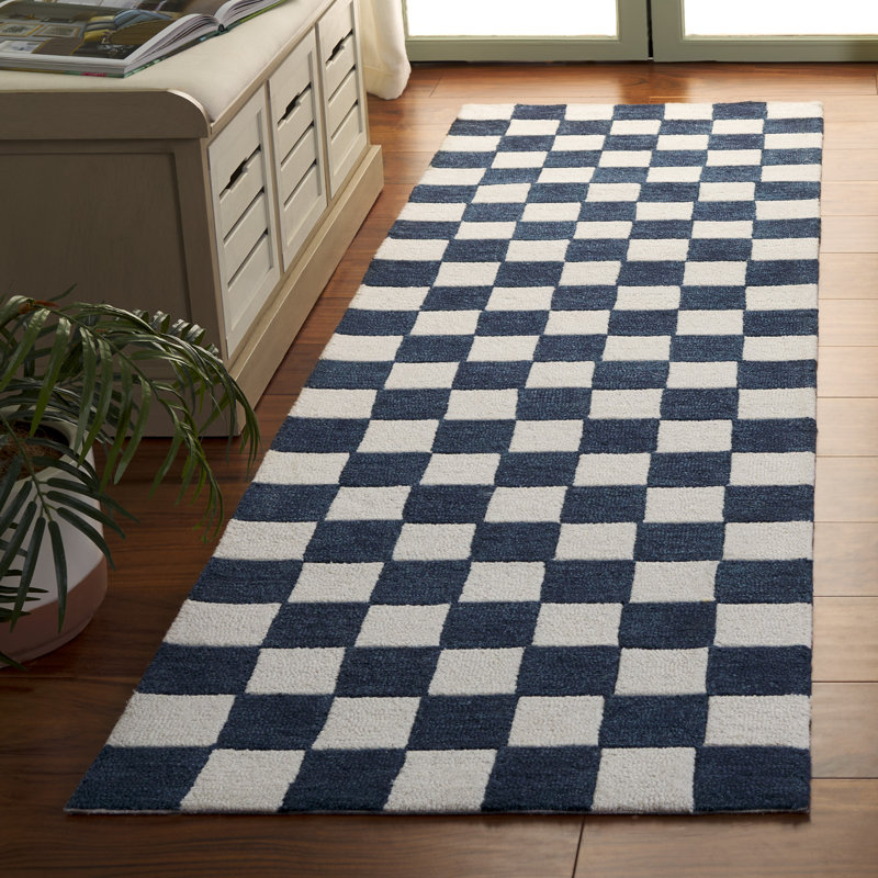 Towell Ebony Hand Tufted Wool/Cotton Geometric Rug in Blue/Ivory, Runner 2'3" x 8'