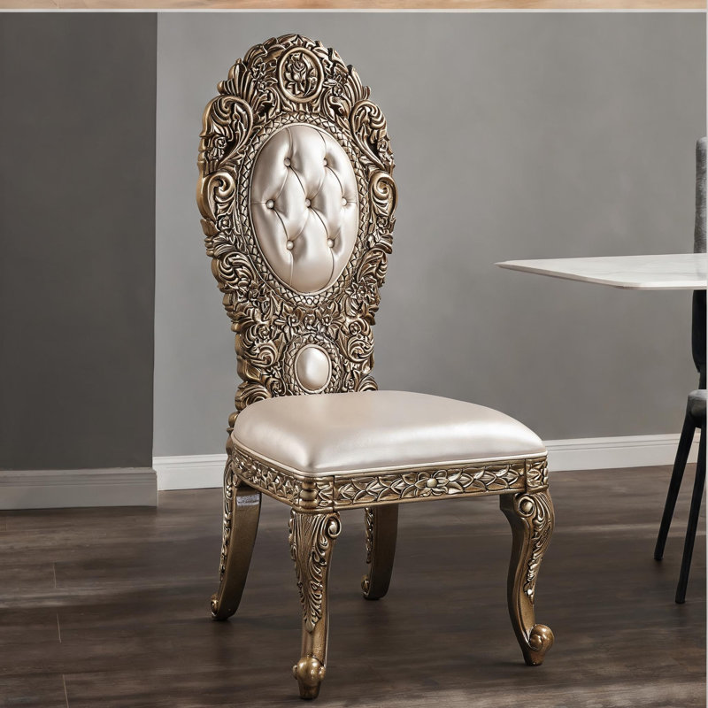 Ensemble de 2 chaises d'appoint capitonnées en tissu de couleur ivoire et en bois massif doré doux pour la salle à manger