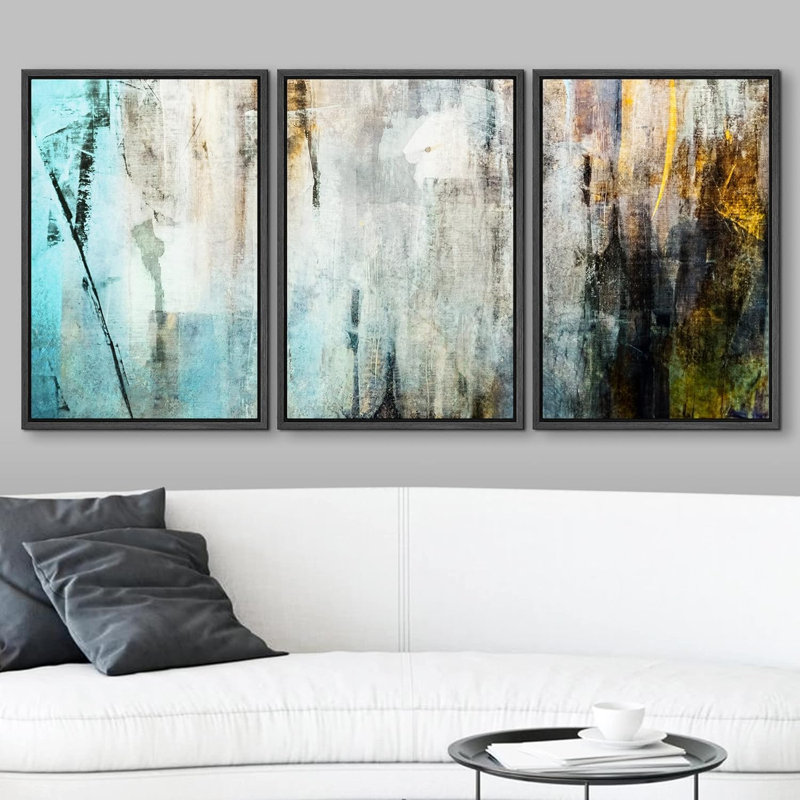 «Effet de texture grunge et orange» - 3 pièces, Cadre flottant noir, H 36 po x l 72 po