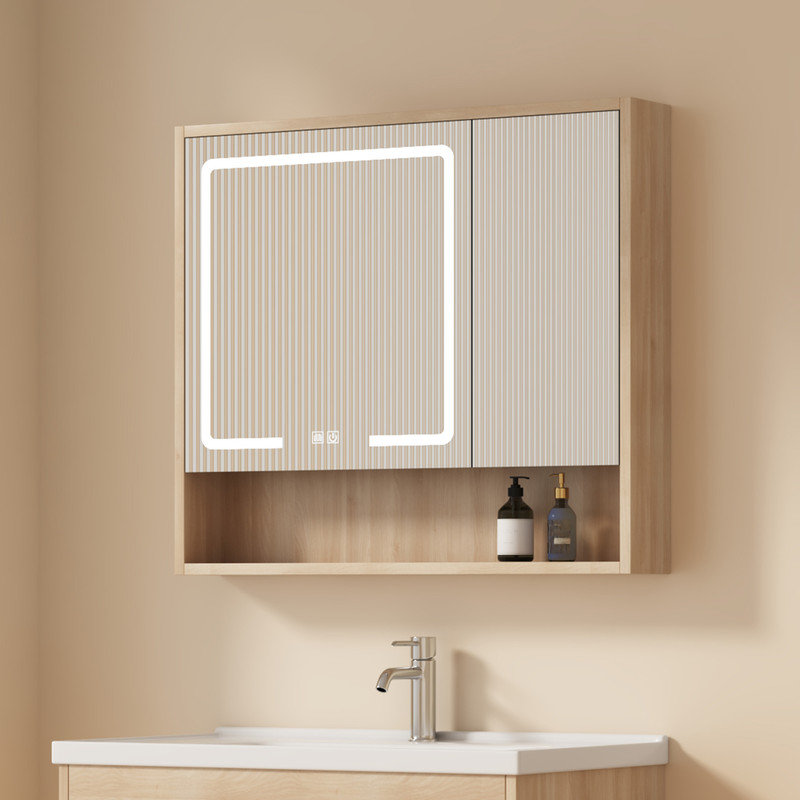 Medicine Cabinet Mirror with Led Light 32" W x 28" H Lighted Vanity Mirror Wall Mounted Bathroom Storage Cabinet,Defog,Stepless Dimming,Medicine Cabinet with Lights 3-Colour Temper Chang,GreyWalnut