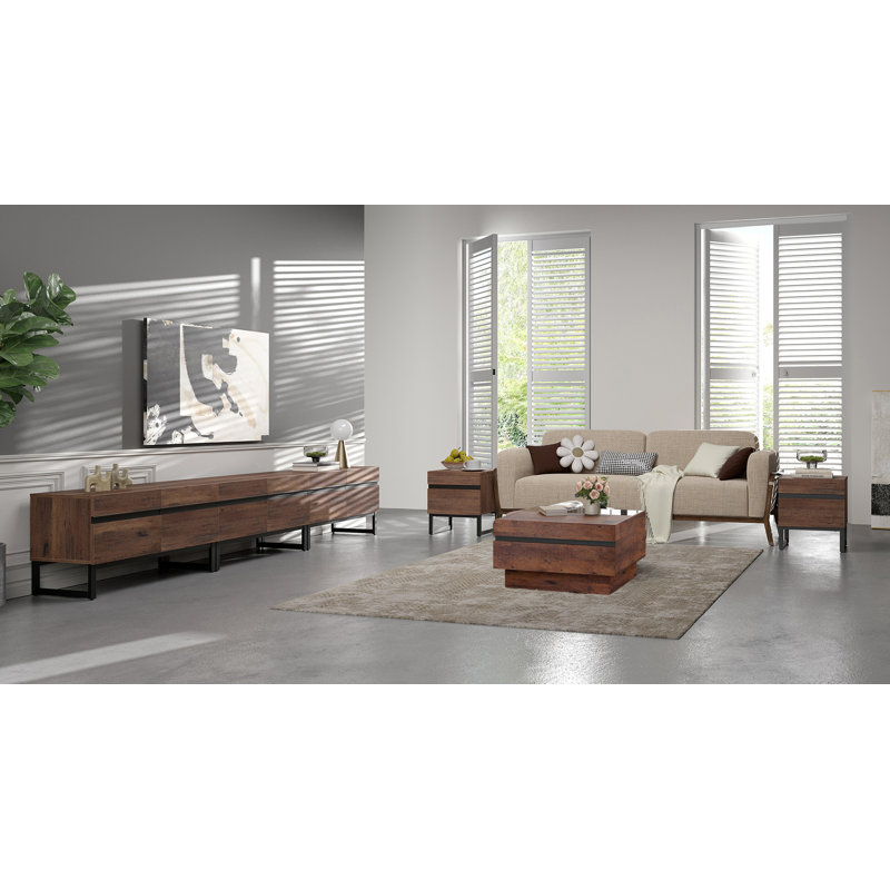 Latitude Run® Living Room Table Sets Of 4, 106 Inch TV Stand, 1 Square Coffee Table With Tempered Glass Top, 2 End Table With Drawers For Living Room, Entertainment Centre, Console Table