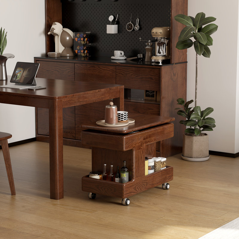  Table de bout mobile à plateau relevable en chêne massif avec rangement et roulettes, Chêne brun