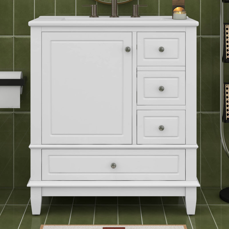 Meuble-lavabo de 30 po avec lavabo simple, armoire de salle de bain moderne avec une porte et une tablette à fermeture douce et trois tiroirs