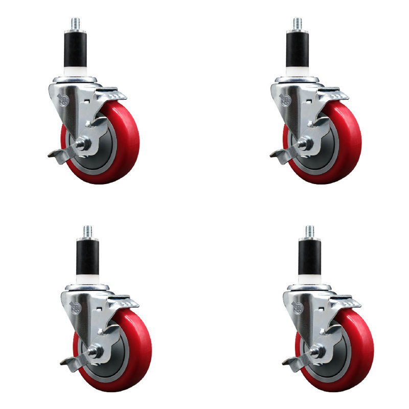 Ensemble de roulettes extensibles en polyuréthane pivotant de 4 po à 1 3/8 po avec frein SCC, Rouge