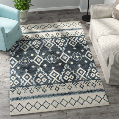 Tapis gris / bleu foncé / ivoire en laine touffeté à la main Eliger Southwestern