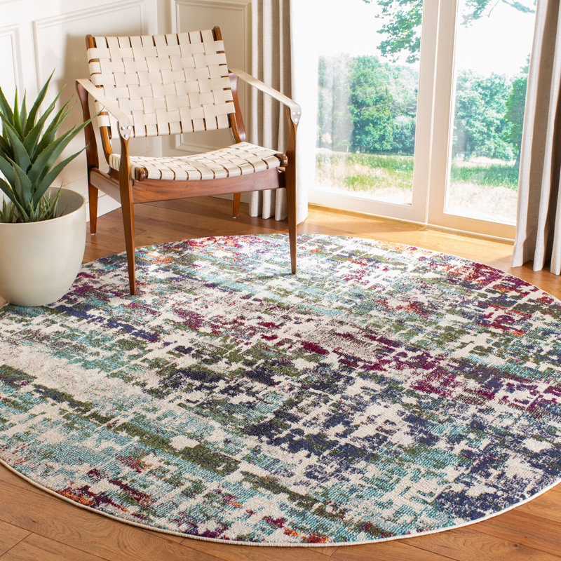 Felty Abstract Blue/Green/Orange Area Rug, Round 6'7"