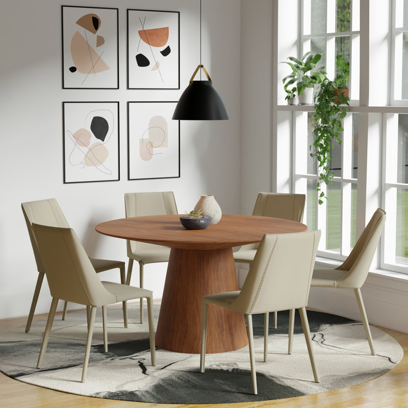 Adara 53" Dining Table In Walnut And 6 Carramar Chairs In Taupe, Beige