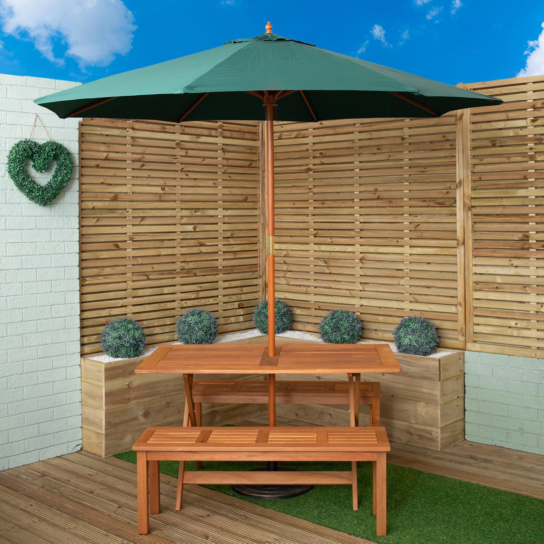 Gillian Outdoor Rectangular Wooden Garden Dining Table, 2 Benches With Parasol And Base Set