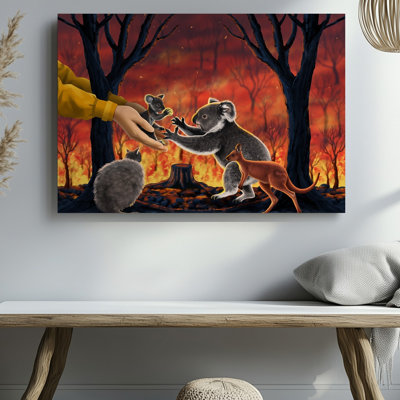 Canvas In A Striking Scene Alive With Fiery Orange And Red Wall Art Tones Reminiscent Of A Fierce Bushfire Human Hands One Adorned Canvas Wall Art