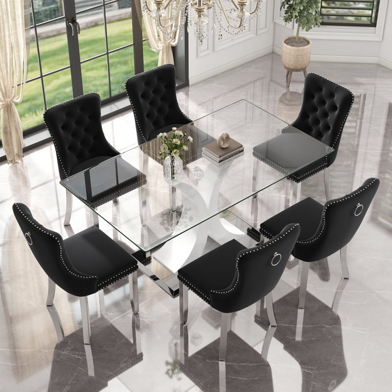 Ensemble de table de salle à manger rectangulaire en verre trempé, 7, Noir, Blanc