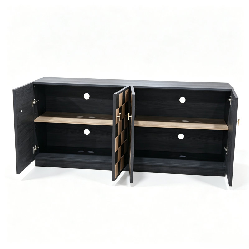 Meuble télé 68 po avec meuble télé géométrique 4 portes, console média moderne avec portes en damier