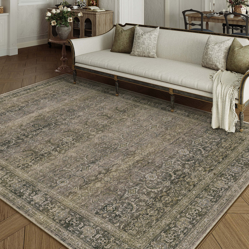 Tapis à motif floral rétro élégant gris / brun Luthien, Rectangulaire 8 pi x 10 pi