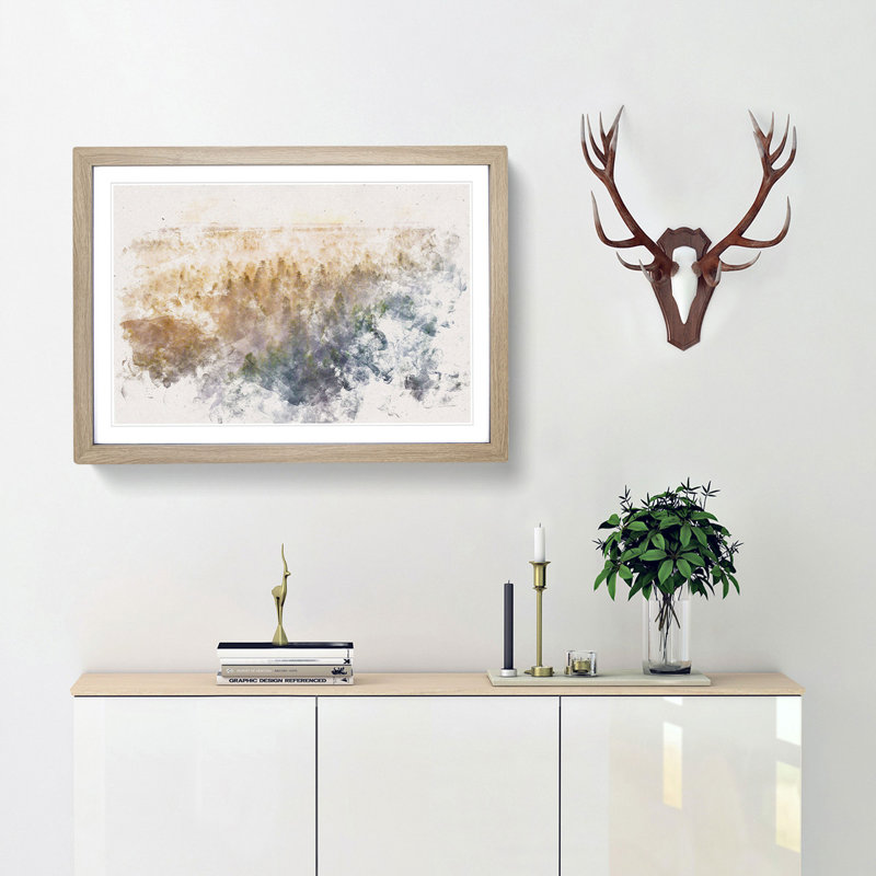 Fog Over The Forest Watercolour - Single Picture Frame Print on MDF, Oak Framed, 36cm H x 48cm W x 2cm D