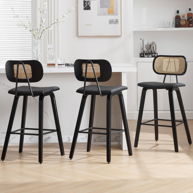 26" Upholstered Rattan Back Counter Height Bar Stools, 3, Black