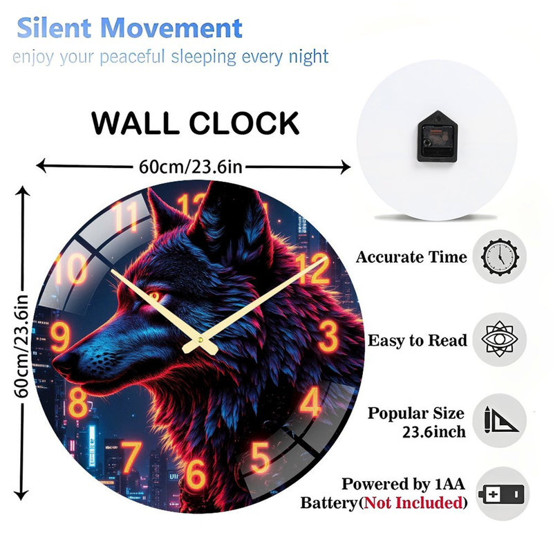 Neon Wolf Wall Clock Art - 24‘’ Modern Glass Wall Clock