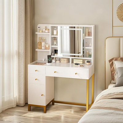 Bureau de maquillage avec miroir, lumières et prise de courant, 3 modes d'éclairage, 8 tablettes ouvertes, 3 tiroirs et armoire, luminosité réglable pour la chambre à coucher, blanc