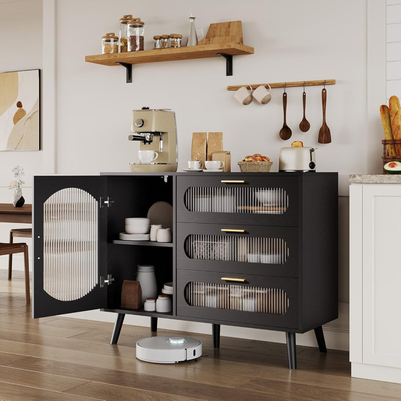 Black Sideboard Buffet Cabinet with Fluted Glass Doors & Drawers – Kitchen & Dining Room Storage, Modern Storage Cabinet