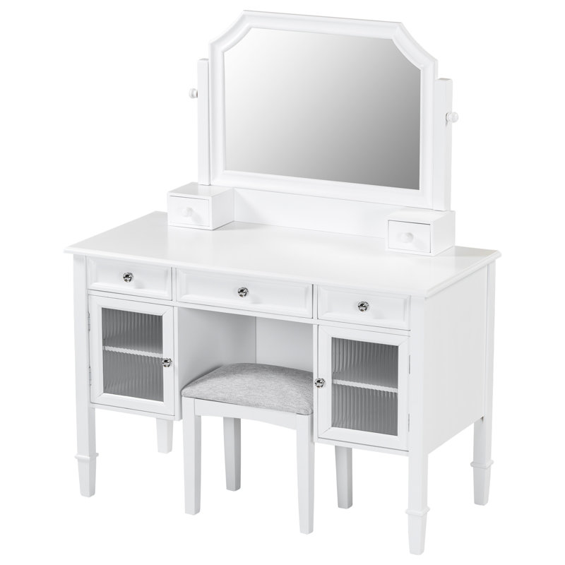 Station de maquillage de 44,4 po avec miroir pivotant de 28,4 po, 5 tiroirs différents, 2 armoires réglables, finition blanche, espace de rangement pour la coiffeuse