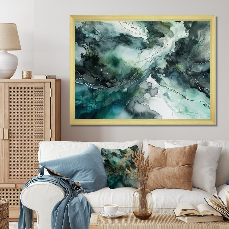 «Green Blue Marbré Dreamscape III», reproduction sur toile, H 24 po x l 32 po x P 1 po, Encadrement doré