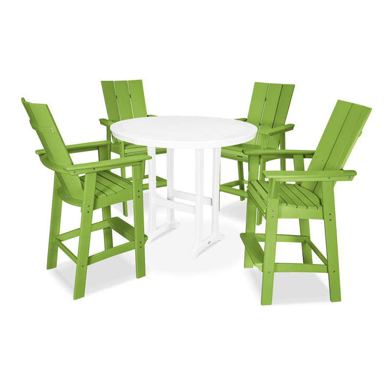 POLYWOOD Modern Curveback Adirondack 5-Piece Nautical Trestle Bar Set, Lime/White