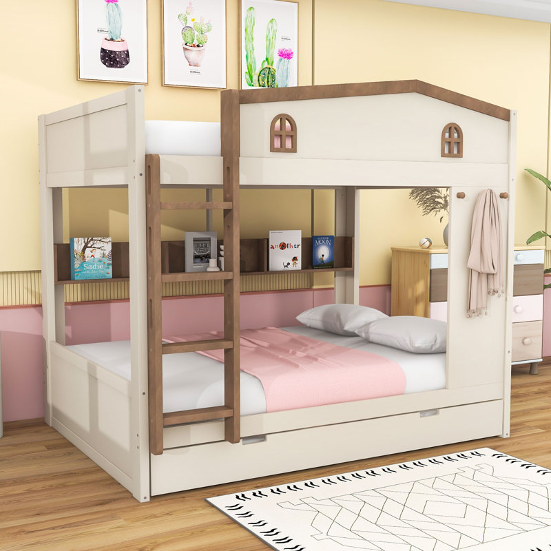 Bunk Bed with Trundle and Storage Shelves, Queen Over Queen, Beige/Natural