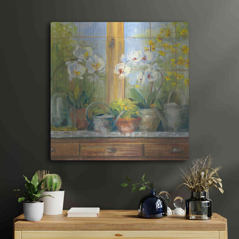 «Gardeners Table Orchids» par Carol Rowan, art mural en métal, H 24 po x l 24 po
