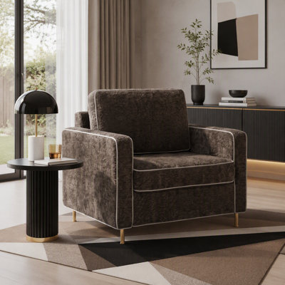 42.1" Modern Accent Chair, Chenille Upholstered Single Sofa with Square Arms, Camel Back Design, Sewn Pillow Back & Metal Legs