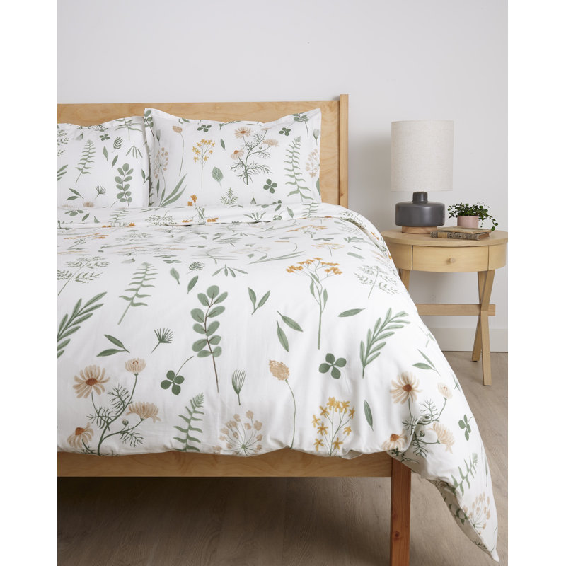 Ensemble de housse de couette en coton brossé Sweet Dreams, Housse de couette très grand et 2 taies, Floral blanc