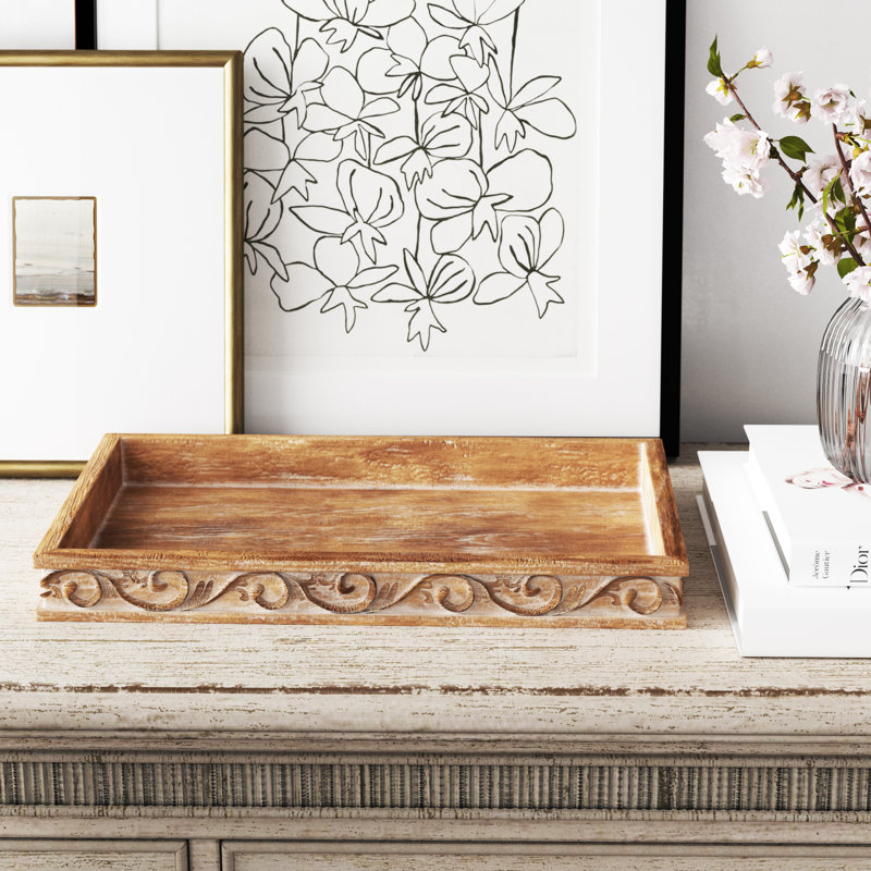 Dahlia Decorative Tray, Traditional Brown Wood Serving Tray with Carved Border 16.5" for Tabletop