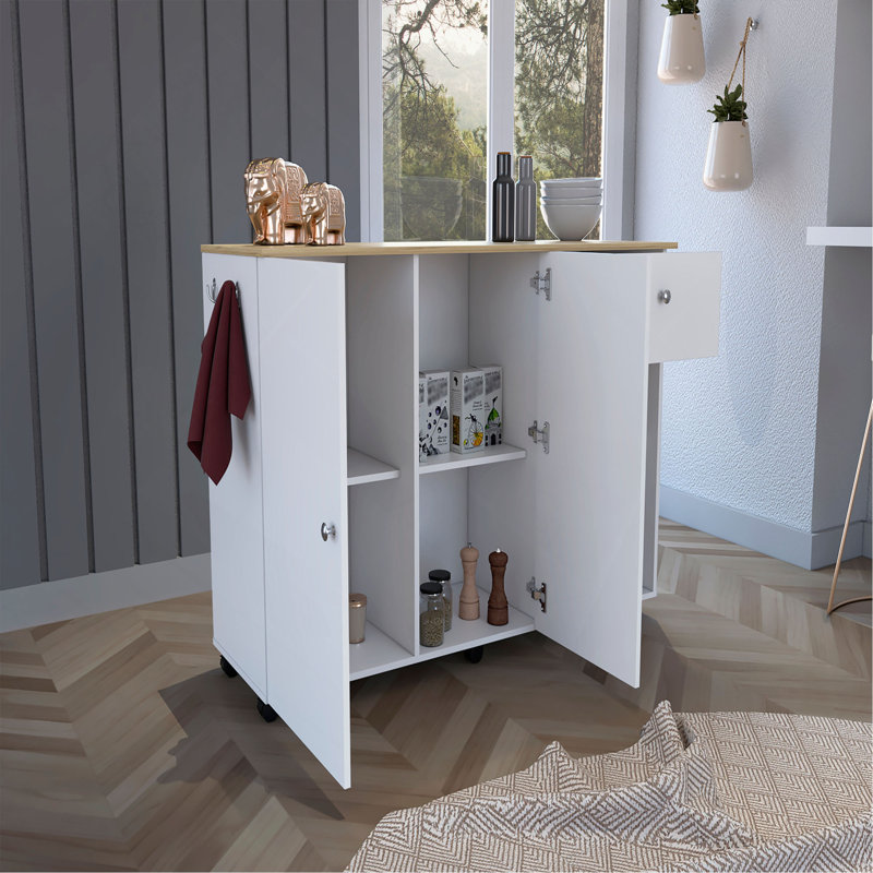 Chariot pour îlot de cuisine, six tiroirs, un tiroir, armoire à deux portes, deux tablettes extérieures, quatre tablettes intérieures