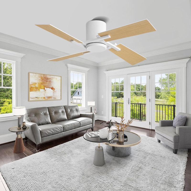 Ventilateur de plafond encastré 48 po à 4 pales blanc et naturel à grain de bois avec télécommande, Blanc
