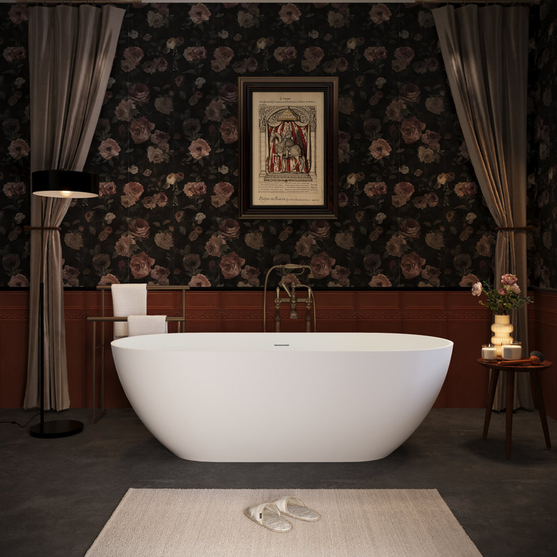 69" Freestanding Solid Surface Stone Resin Bathtub with Overflow and Pop-up Drain, Matte White, 69" H x 29.5" W x 21.63" D