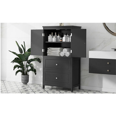 Bathroom Storage Cabinet, Cabinet with Two Doors and Drawers, Adjustable Shelf, MDF Board, Black