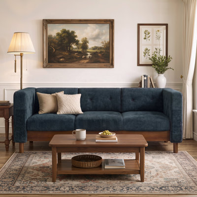 Canapé 3 places en chenille pour le salon, canapé moderne en tissu 78 po avec coussin à ressorts ensachés et dossier capitonné, canapé à accoudoirs carrés avec pieds en bois d'hévéa massif pour appartement