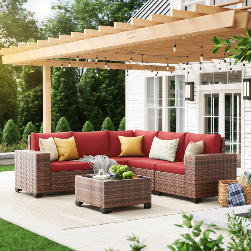 6 Piece Rattan Sectional Seating Group With Cushions, Red Cushion/Brown Frame
