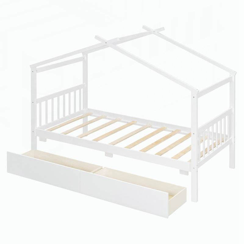 Lit simple en bois avec tiroirs, White