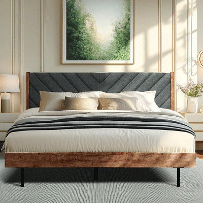Acacia Astoria Premium Solid Wood Upholstered Bed Frame with Headboard, Mid Century Modern Platform Bed and Upholstered Headboard, Luxurious Comfort