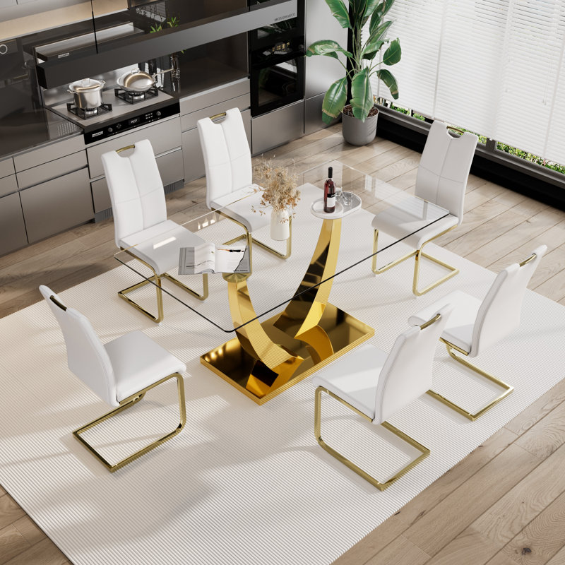 7 - Piece Rectangle Glass Pedestal Dining Set, Gold, White/Gold