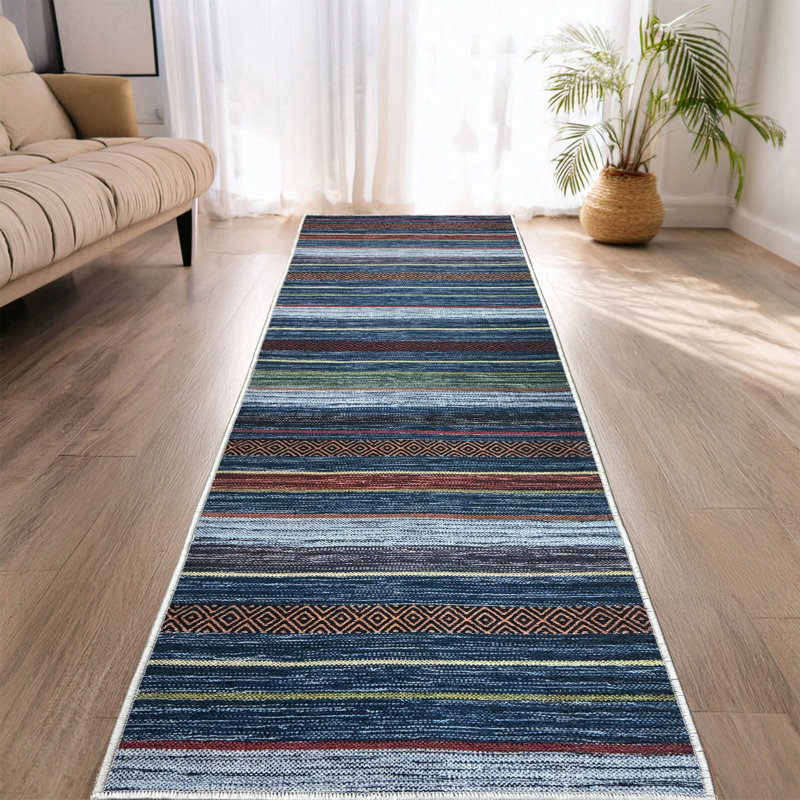 Custom Size Anti Slip Antibacterial Organic Materials Ocean Striped Machine Printed Design Low Profile Rug by Feet