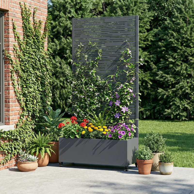 Boîte à fleurs en métal avec treillis et roues Treytin , H 72 po x l 35 po x P 16 po, Gris foncé, 1