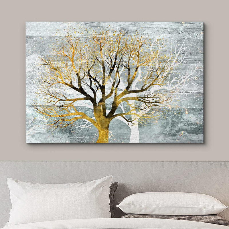 Abstract Tree " Pastel Gold White Forest Tree Nature Rustic ative Relax " Graphic Art Print, 12" H x 18" W x 1.5" D