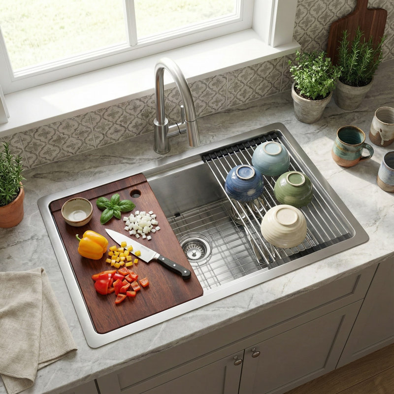 Évier de cuisine encastrable 30 po à cuve simple de calibre 16 en acier inoxydable avec accessoires 30 po