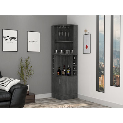 Syrah Corner Bar Cabinet with Two Doors, Three Open Shelves and Bottle Racks