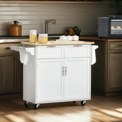 41-Inch Rolling Kitchen Island Cart With Butcher Block Top, Adjustable Shelves, And Storage Drawers - Mobile Utility Cart With Locking Casters