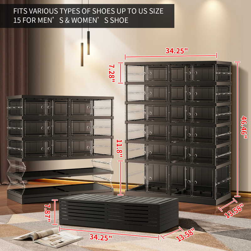 6-Tier 12-24 Pairs Stackable Shoe Storage Cabinet For Entryway Large Shoe Rack Easy Assembly, Black