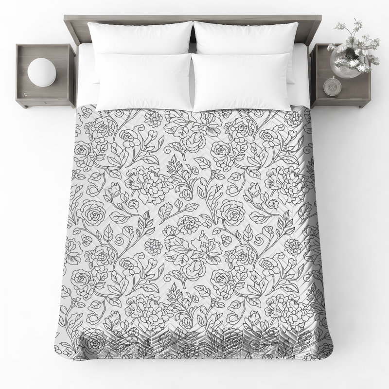 Black Floral Quilted Thin Bedspread, Twin
