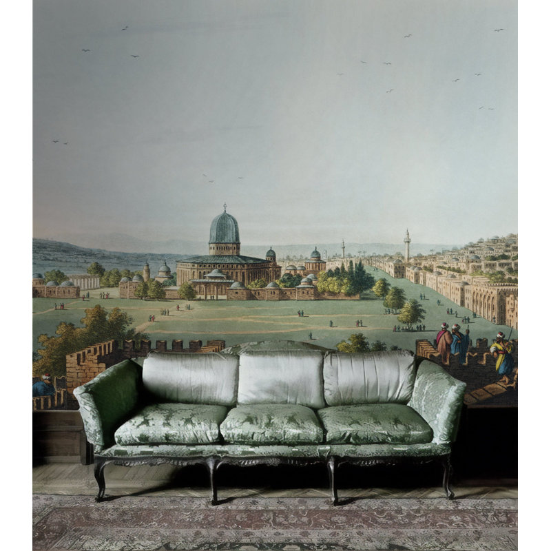 Papier peint amovible vintage avec vue sur la ville médiévale, L 98,04 po x l 150 po