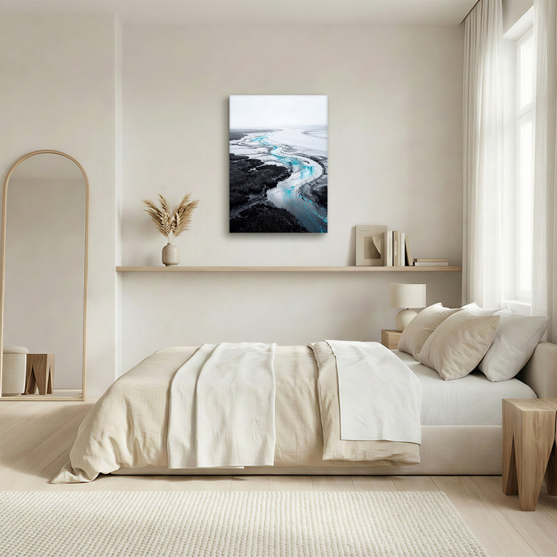 «Winding River with Cyan Water In Grayscale Marshland», art mural, 18"H x 12"W