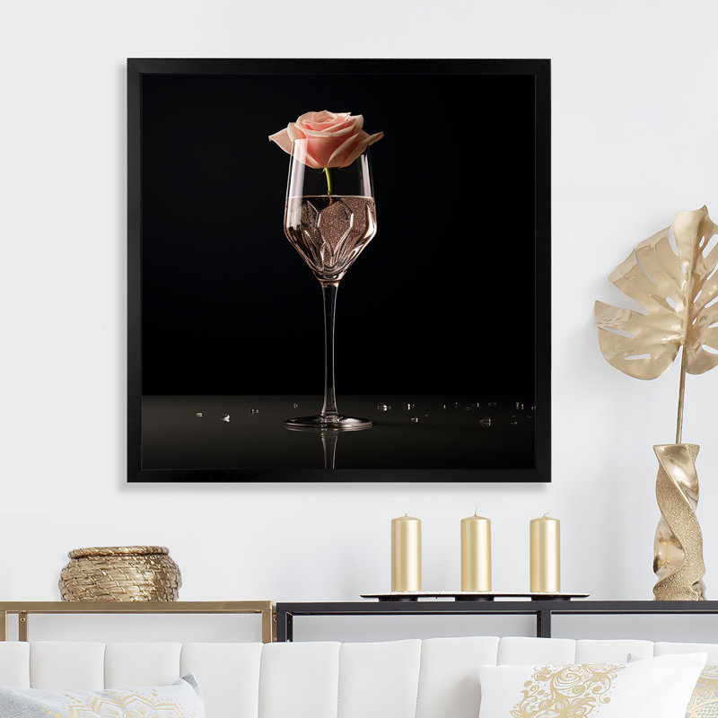 Cristal Clarity Rose In Glass - Wine & Champagne Wall Art Living Room, H 30 po x l 30 po x P 1 po, Cadre simple noir