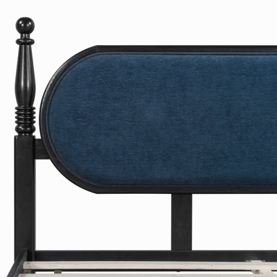 King Bed Frame, Solid Wood Platform with Slats, Modern Navy Blue & Black Bedroom Furniture, No Box Spring Needed
